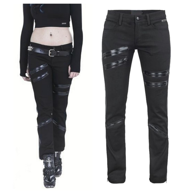 Women Goth Long Pants With Zippers Black Punk Rock Decorated Pants